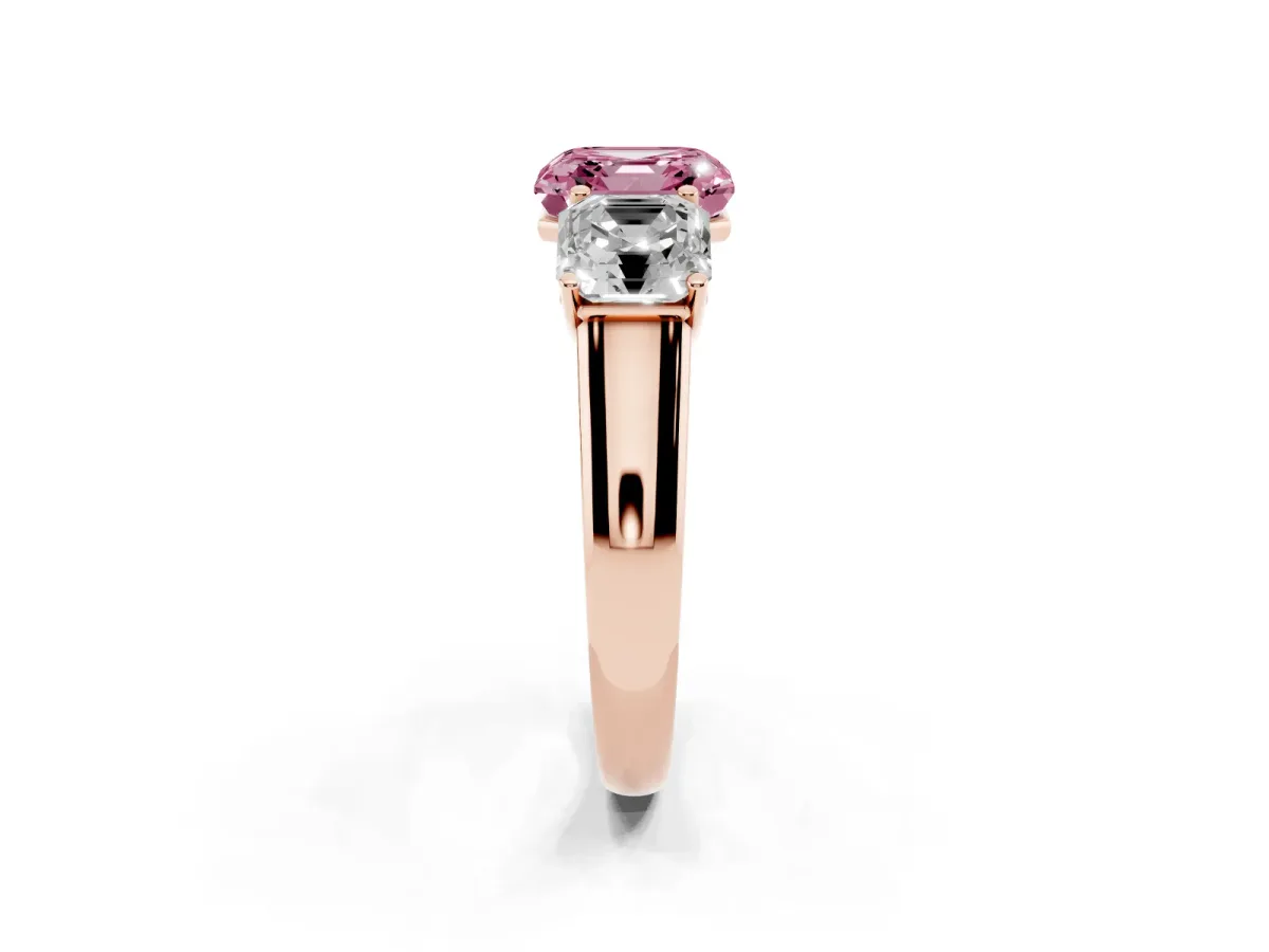 Fancy Pink Asscher Cut Three-Stone Diamond Ring with Prong Setting on a Classic Band Rose gold