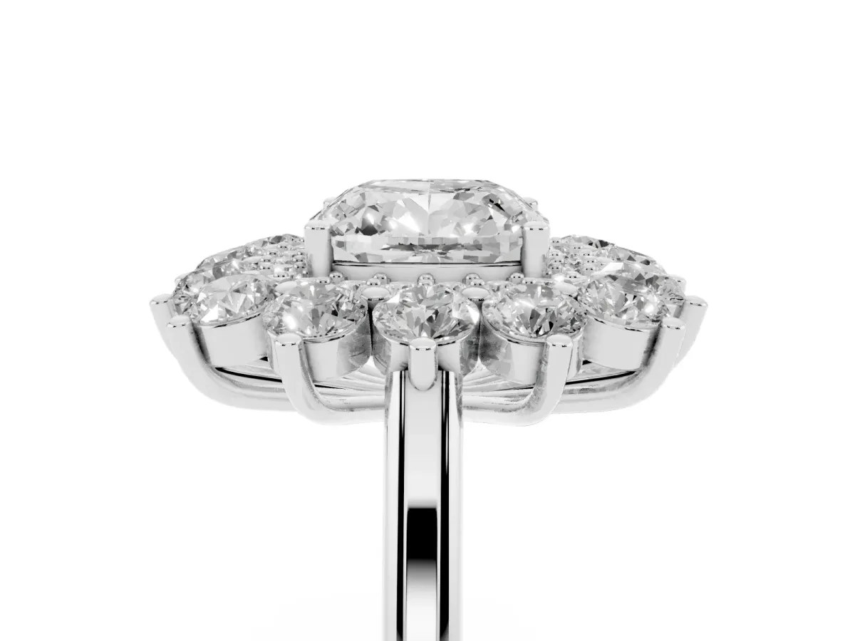 Cushion Cut Diamond Floral Double Halo Engagement Ring with Prong Setting Silver