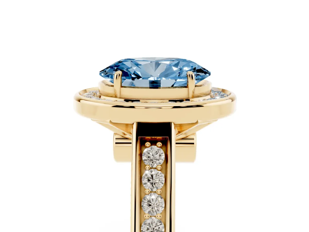 Fancy Blue Oval Cut Halo Solitaire Diamond Ring with Pave Band and Bezel Setting Yellow gold