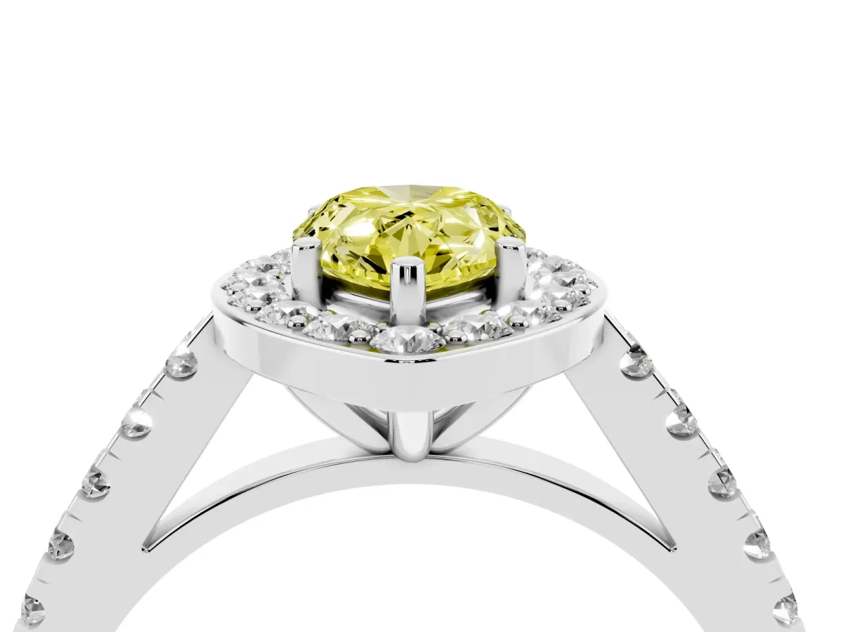 Fancy Yellow Pear Cut Diamond Halo Ring with Round Pavé Split Shank and Prong Setting Silver