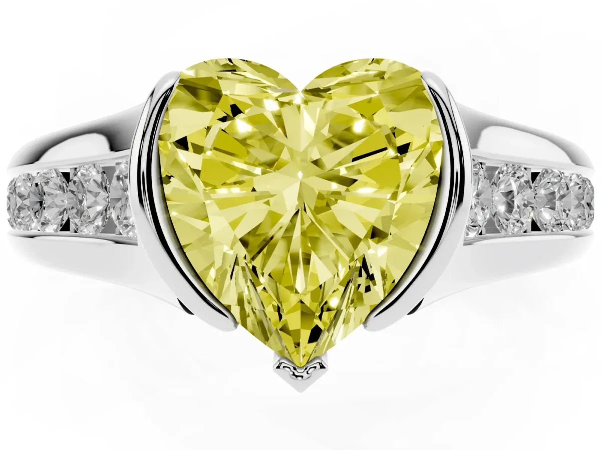 Fancy Yellow Heart Cut Solitaire Bezel-Set Diamond Ring with Channel-Set Band Silver