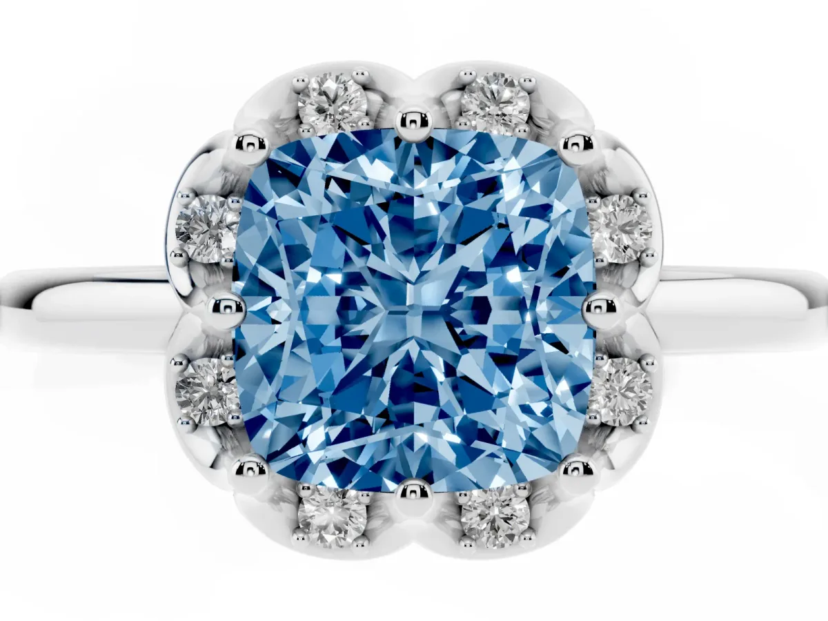 Fancy Blue Cushion Cut Halo Diamond Ring with Round Cluster Setting, Solitaire Band, and Four-Prong Setting White gold