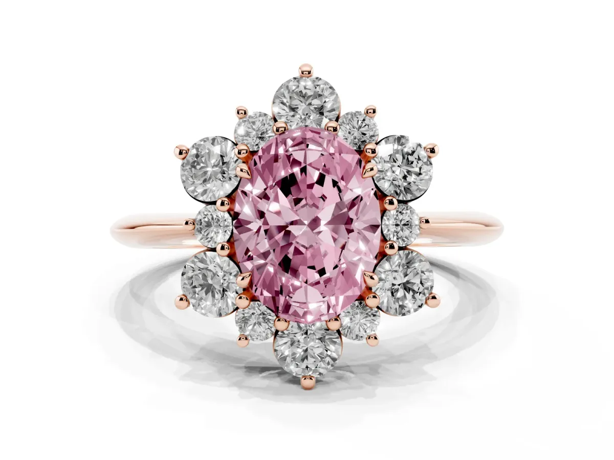 Fancy Pink Oval Cut Diamond Cluster Halo Ring with Solitaire Band and Four-Prong Setting Rose gold