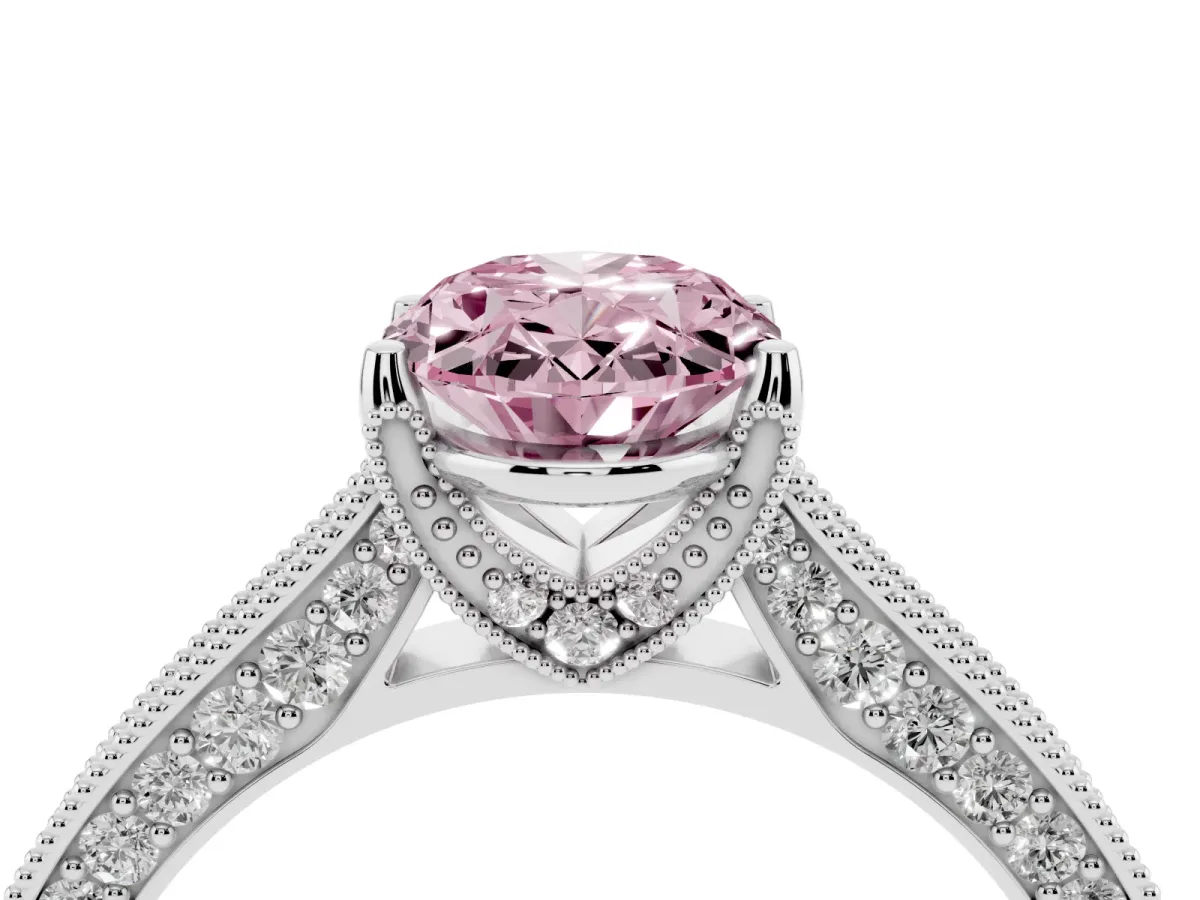 Fancy Pink Oval Cut Cut Diamond Solitaire Ring with Milgrain Pave Band and Four Prong Setting Silver