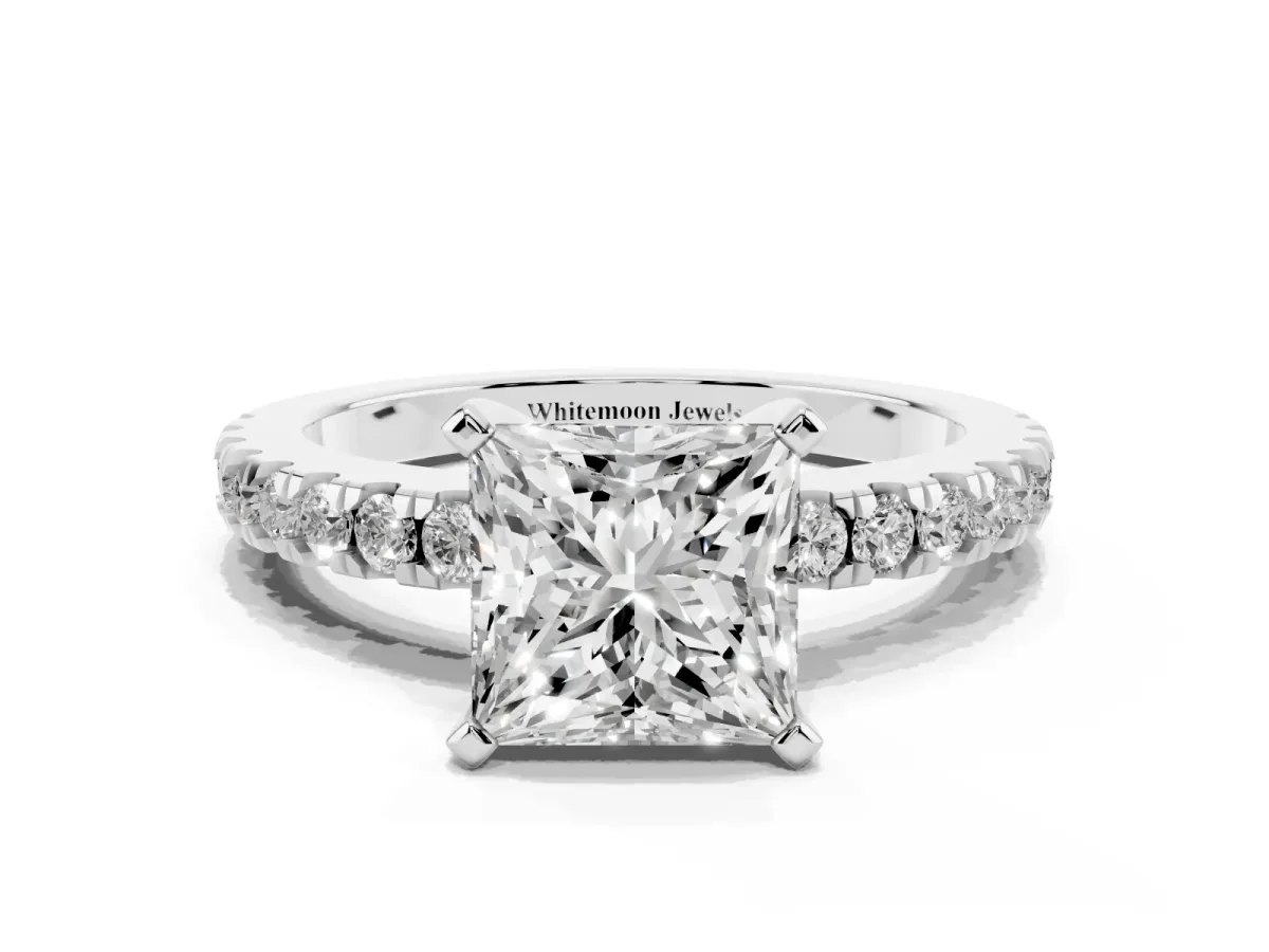 Princess Cut Solitaire Diamond with Pavé Band and Four-Prong Setting Silver