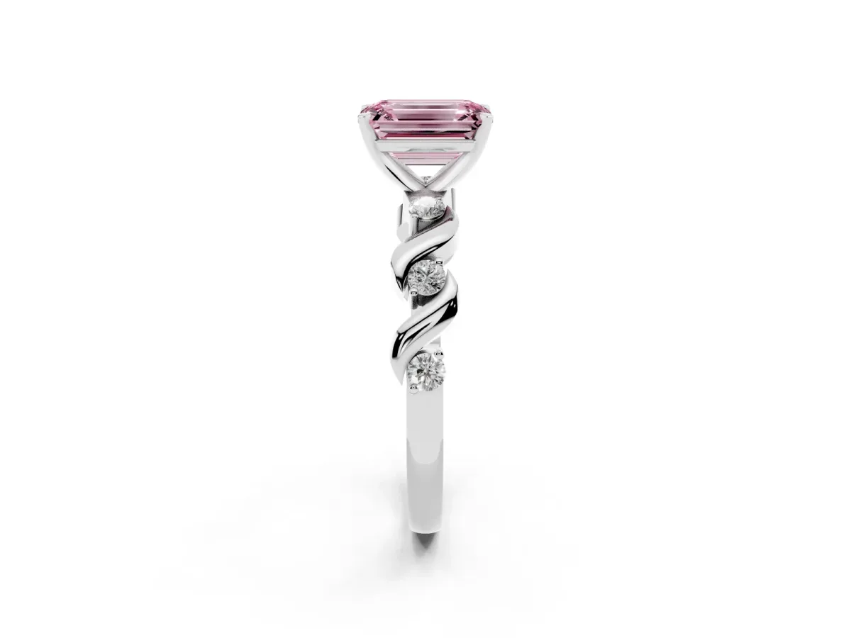 Fancy Pink Emerald Cut Diamond Solitaire Twisted Band with Round Accents and Prong Setting Silver