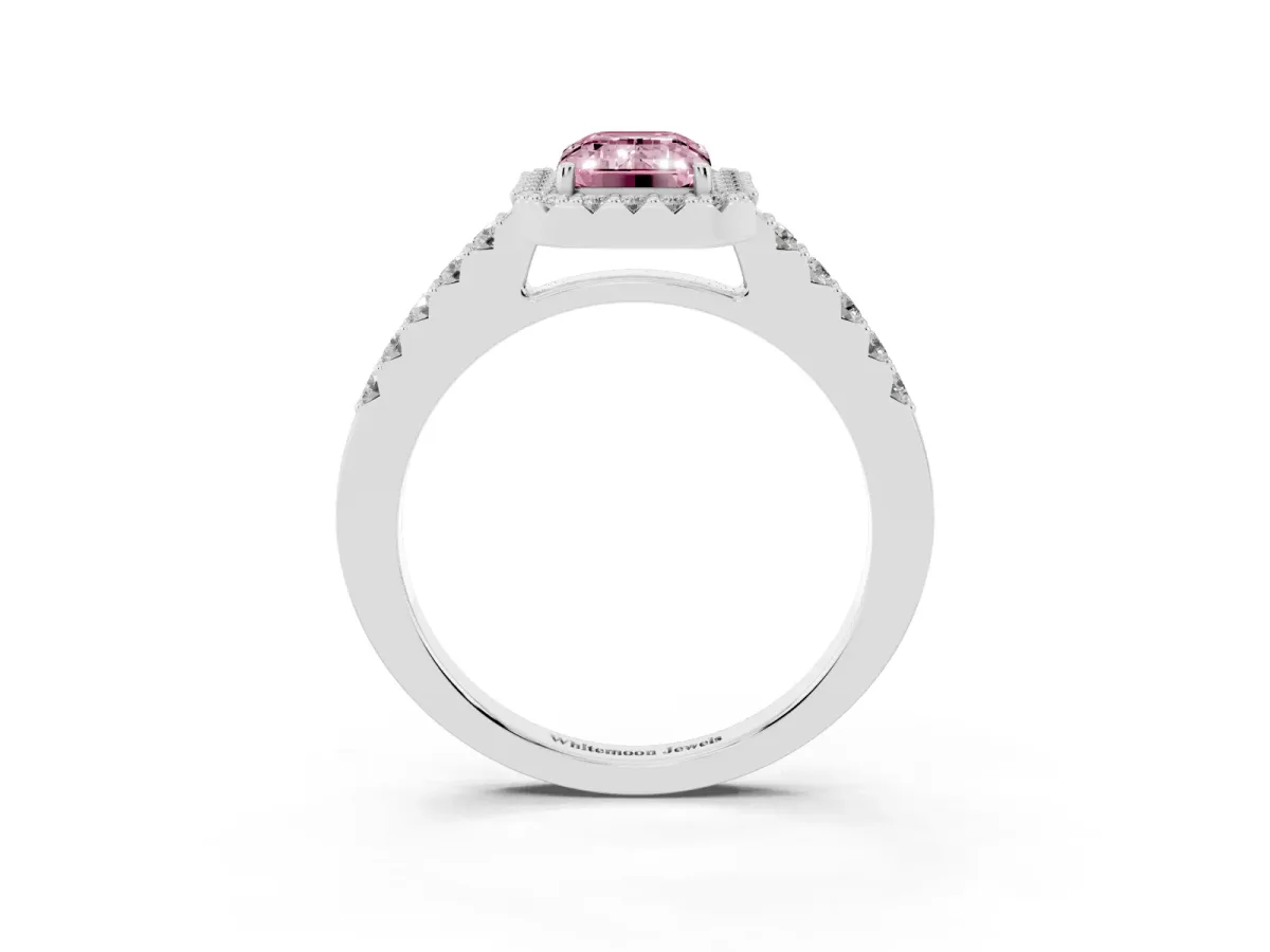 Fancy Pink Emerald Cut Halo Diamond Pavé Solitaire Ring Platinum