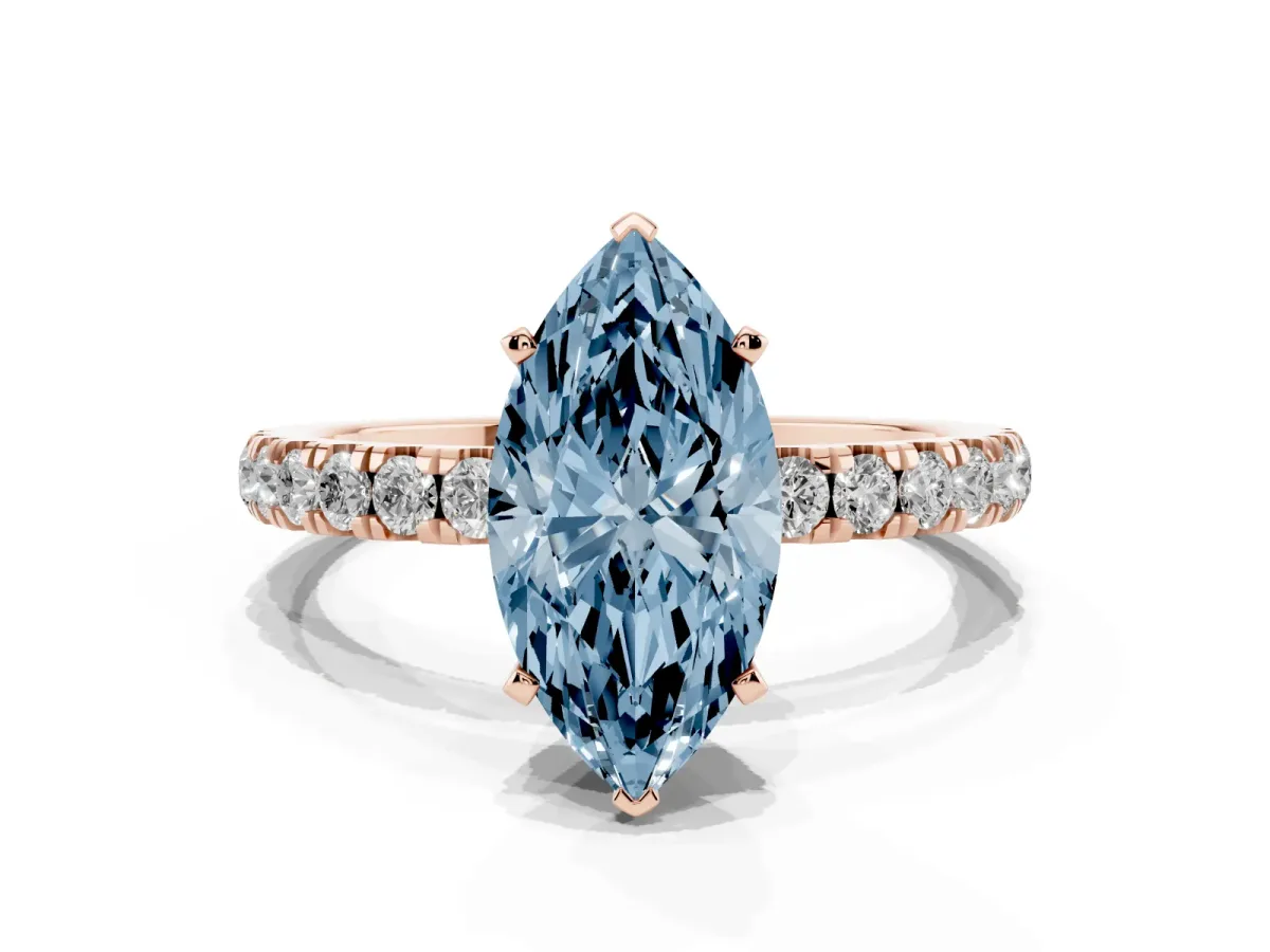 Fancy Blue Marquise Cut Diamond Solitaire Ring with Pavé Accents and Four-Prong Setting Rose gold