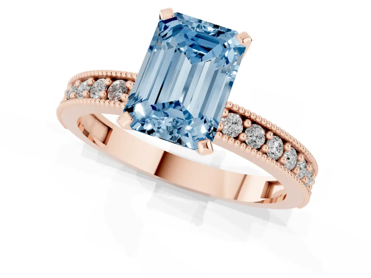 Fancy Blue Emerald Cut Diamond Milgrain Pavé Engagement Ring with Four-Prong Setting Rose gold