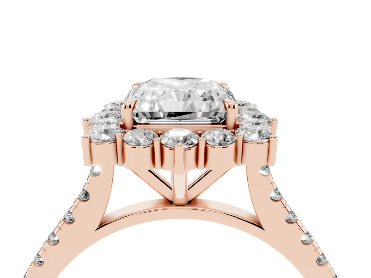 Radiant Cut Halo Diamond Ring with Pavé Band and Prong Setting Rose gold