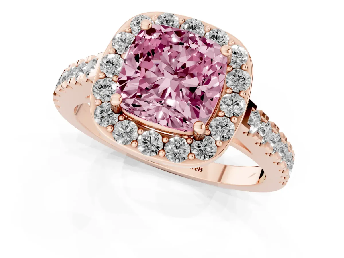 Fancy Pink Cushion Cut Diamond Halo Ring with Round Pavé Split Shank and Prong Setting Rose gold