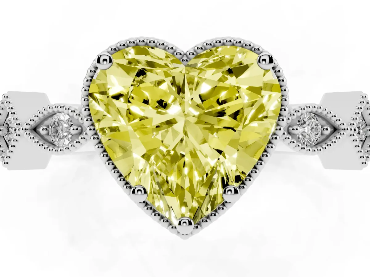 Fancy Yellow Heart Cut Milgrain Marquise Diamond Twist Band Ring Silver