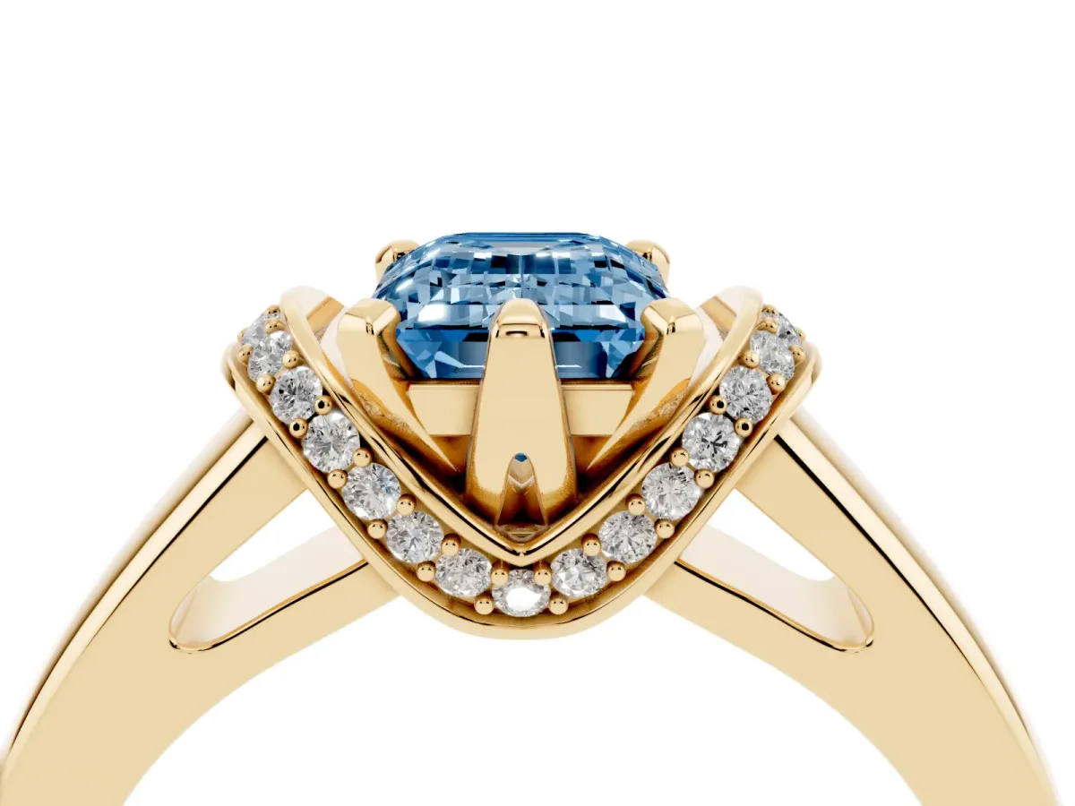 Fancy Blue Emerald Cut Solitaire Diamond Ring with Pave Band and Six-Prong Setting Yellow gold