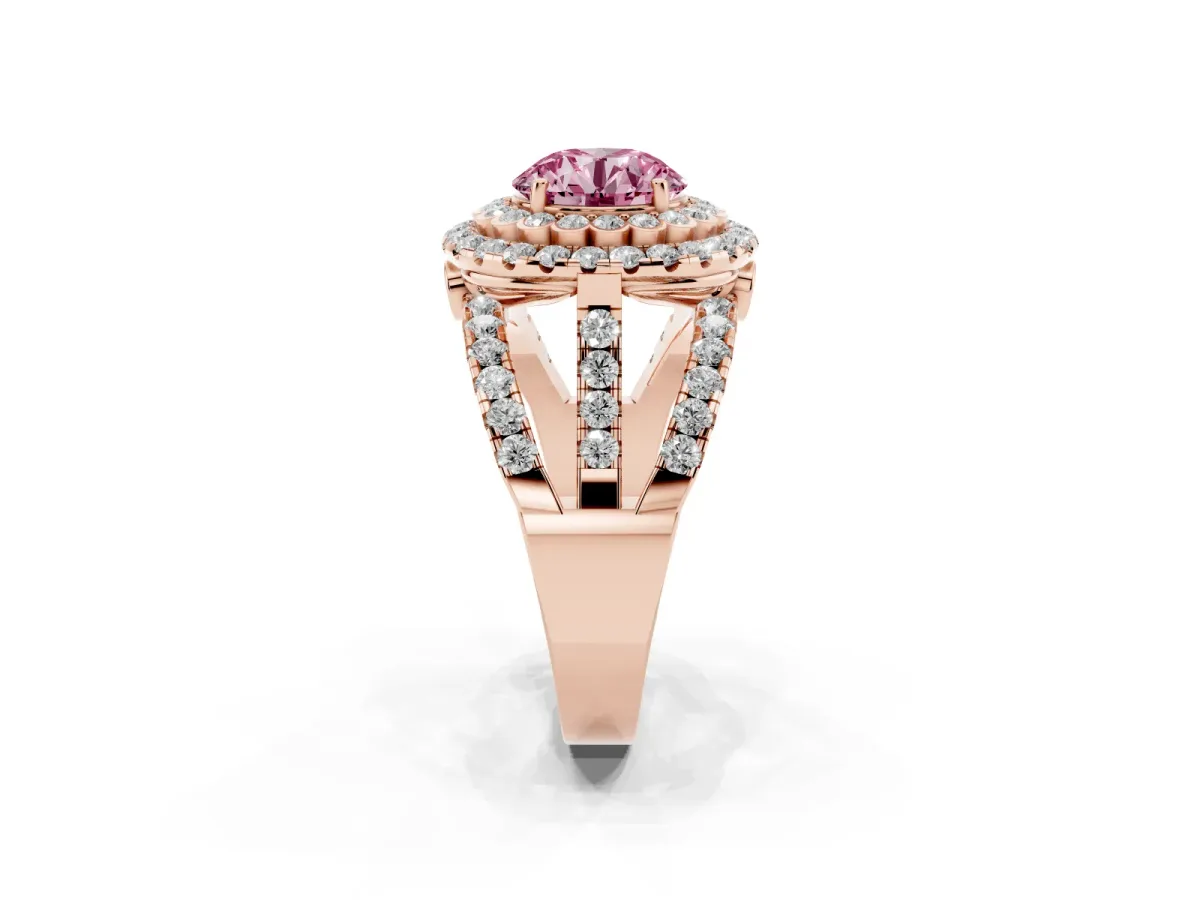 Fancy Pink Round Cut Diamond Double Halo Ring with Round Pavé Split Shank and Prong Setting Rose gold