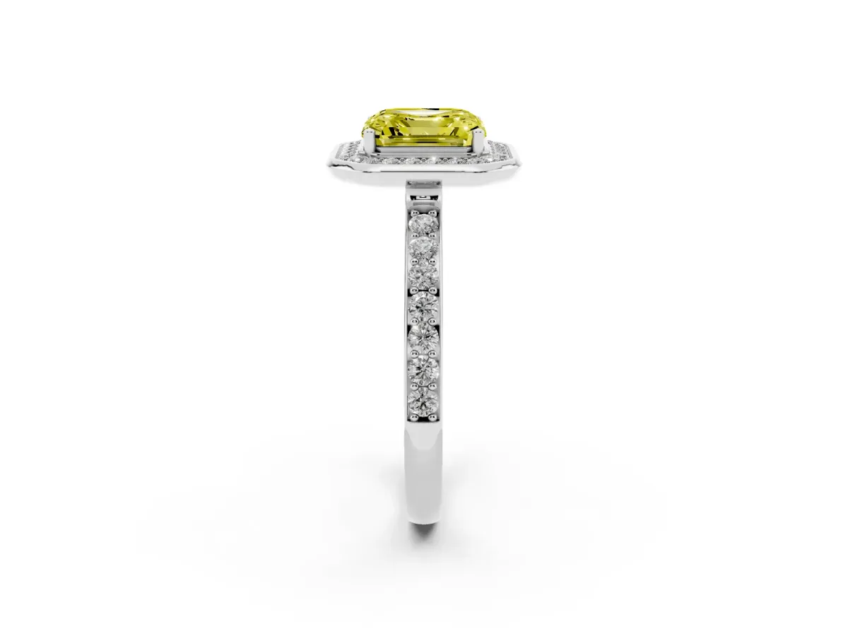 Fancy Yellow Asscher Cut Diamond Halo Ring with Bezel Frame and Pavé Band Silver