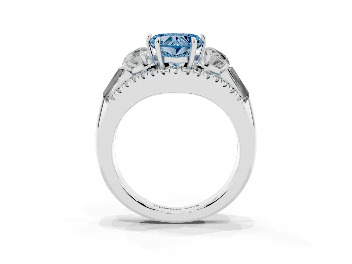 Fancy Blue Three-Stone Heart Cut Diamond Engagement Ring with Pave Band and Prong Setting Silver