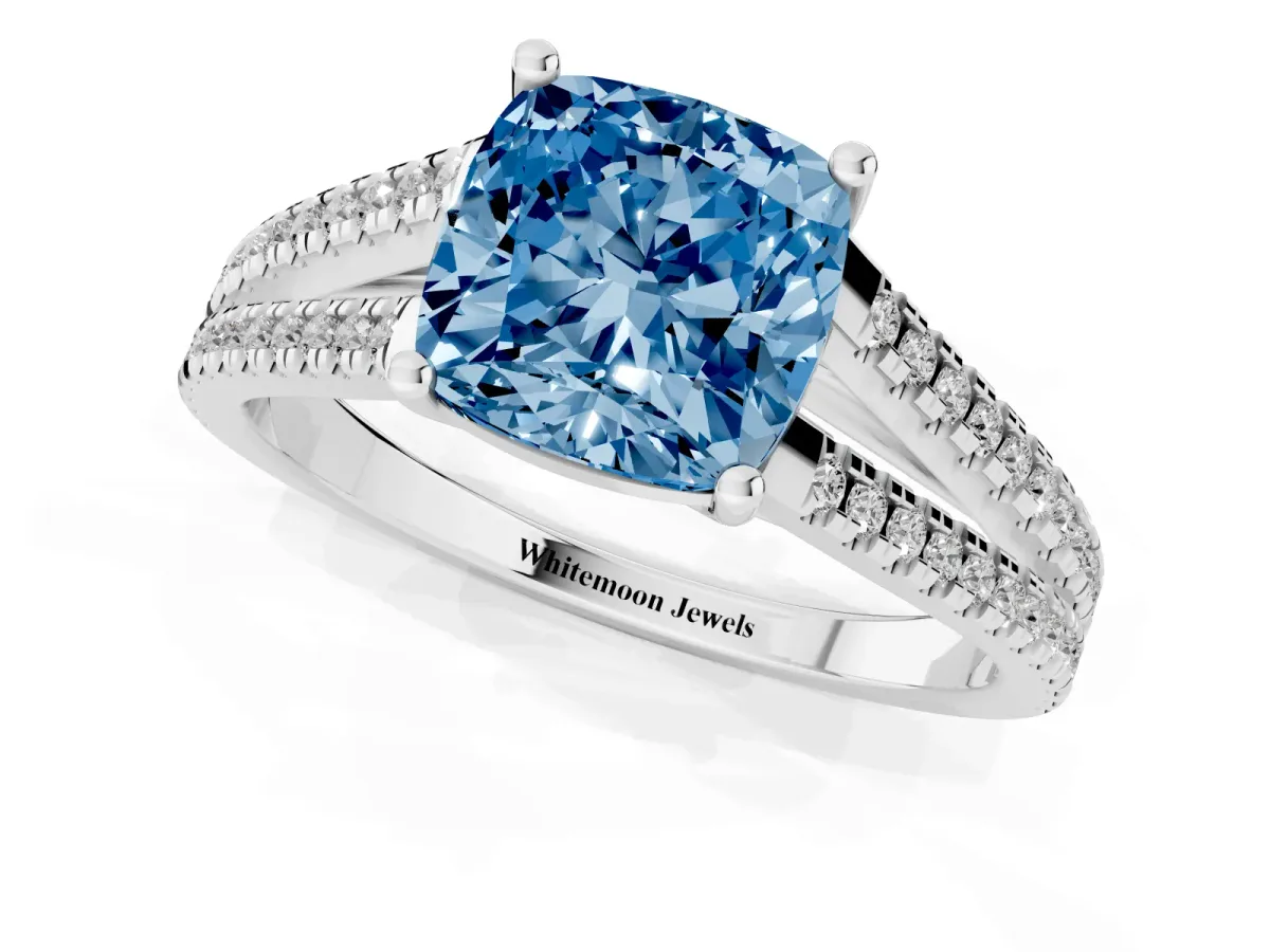Fancy Blue Cushion Cut Diamond Solitaire Engagement Ring with Split Shank Pavé Band Platinum