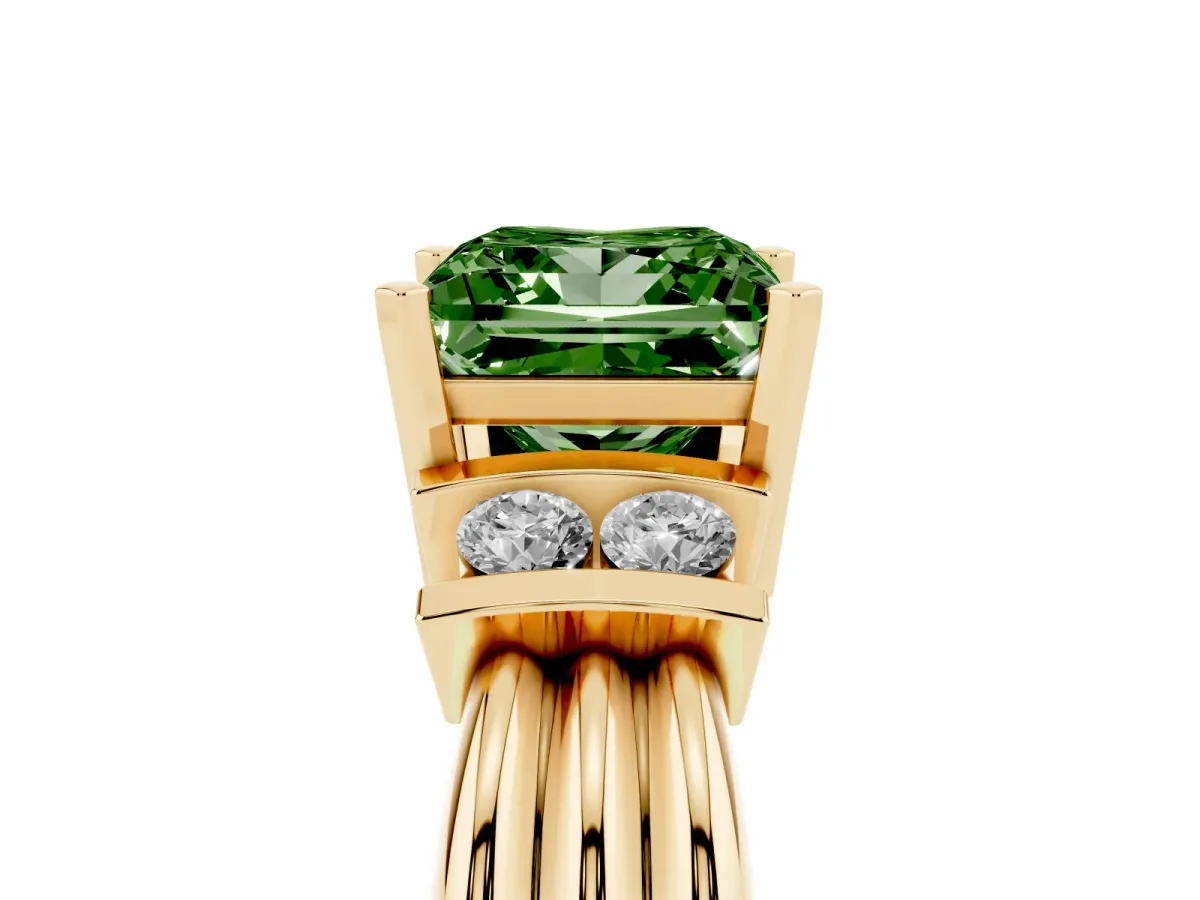 Fancy Green Princess Cut Cut Three-Stone Channel Set Ring with Bar Prongs Yellow gold