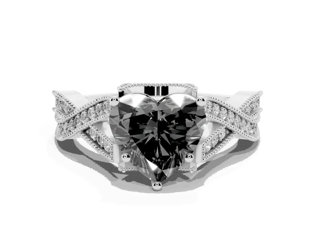 Fancy Black Heart Cut Cut Diamond Twisted Band with Milgrain Pave Setting and Four-Prong Setting Silver