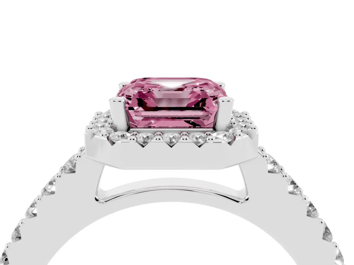 Fancy Pink Asscher Cut Halo Diamond Pavé Solitaire Ring Platinum