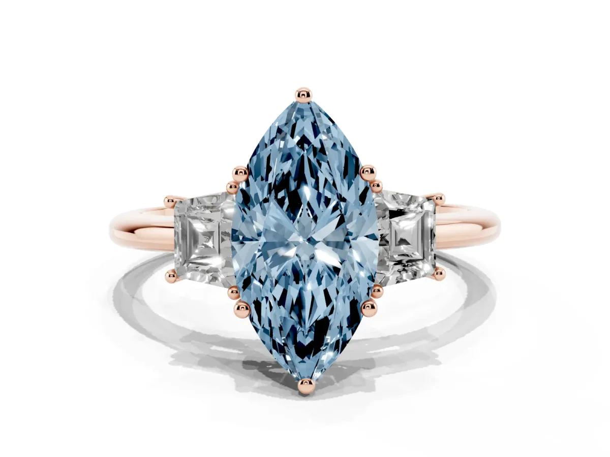 Fancy Blue Marquise Cut Diamond Three-Stone Ring with Trapezoid Side Stones and Prong Setting Rose gold