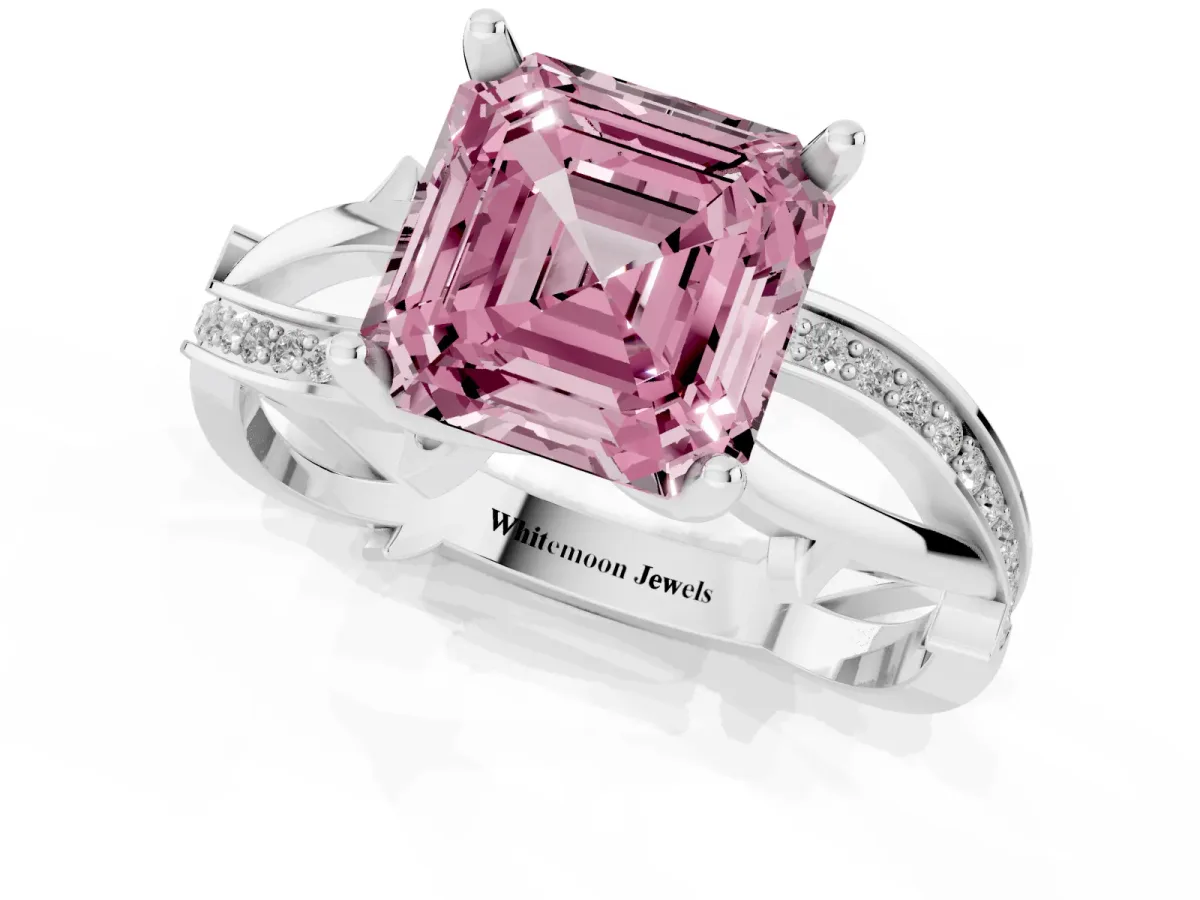 Fancy Pink Asscher Cut Solitaire Twist Band with Pavé Accents and Four-Prong Setting Platinum