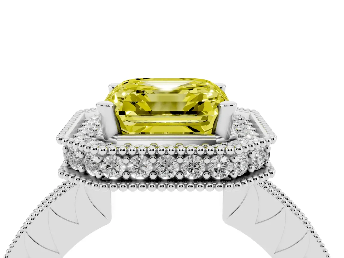 Fancy Yellow Asscher Cut Diamond Milgrain Halo Engagement Ring with Round Pavé Band and Prong Setting Platinum