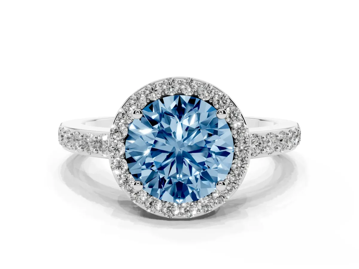 Fancy Blue Round Cut Halo Diamond Pavé Band Ring with Prong Setting Silver