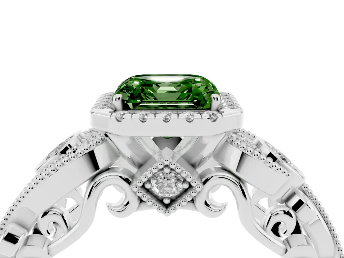 Fancy Green Asscher Cut Halo Diamond Ring with Milgrain and Bezel Accents on a Split Shank Band White gold