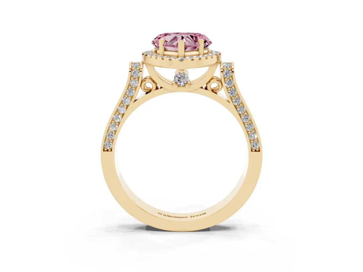 Fancy Pink Heart Cut Halo Pave Split Shank Prong Setting Ring Yellow gold