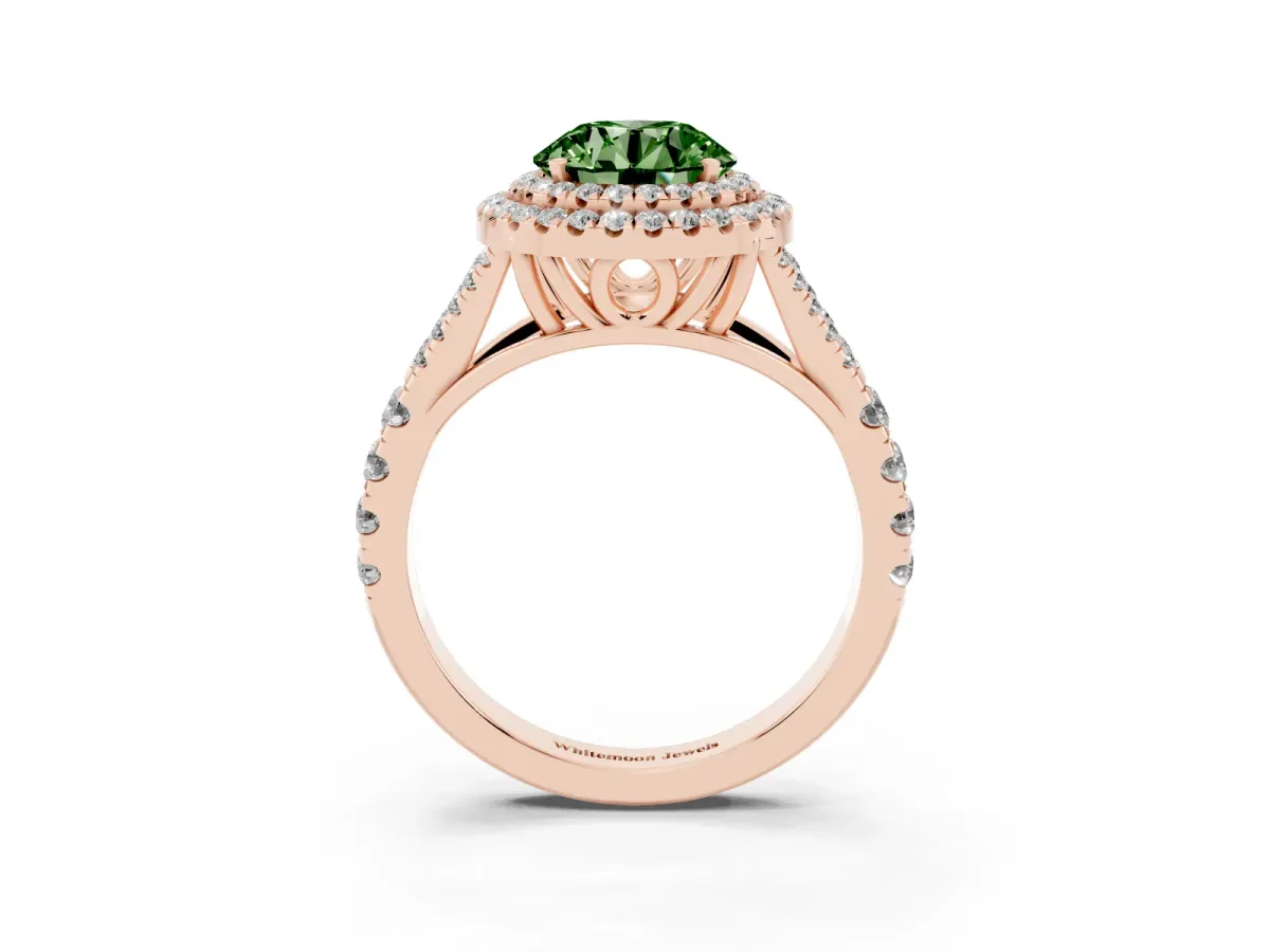 Fancy Green Round Cut Diamond Double Halo Ring with Split Shank and Prong Setting Rose gold