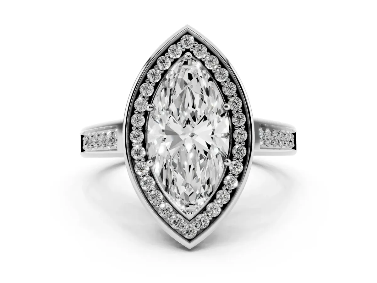 Marquise Cut Halo Solitaire Diamond Ring with Pave Band and Bezel Setting Silver