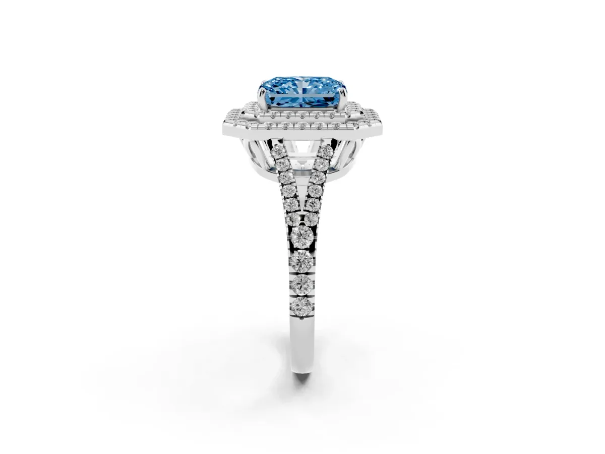 Fancy Blue Radiant Cut Diamond Double Halo Ring with Pavé Band and Prong Setting White gold