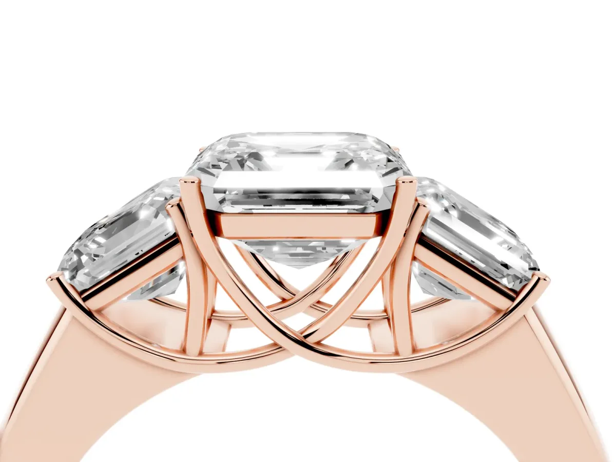 Three-Stone Asscher Cut Cut Diamond Ring with Prong Setting and Classic Band Rose gold