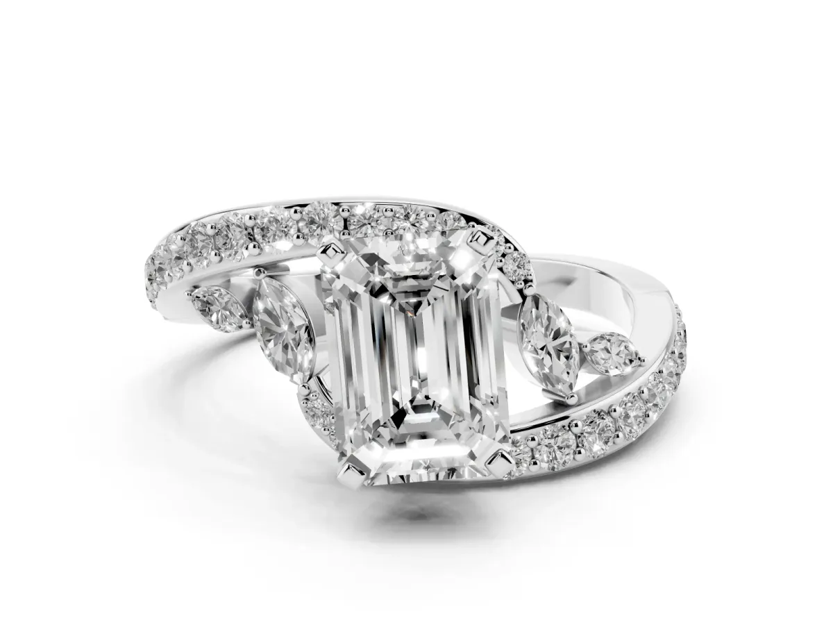 Emerald Cut Solitaire with Pavé Twist Band and Four-Prong Setting Silver