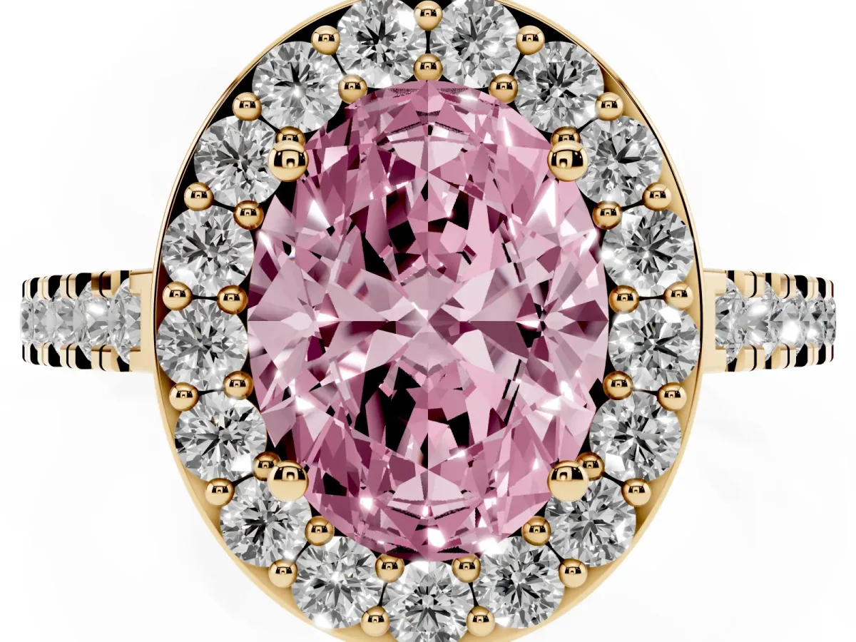Fancy Pink Oval Cut Diamond Halo Ring with Round Pavé Split Shank and Prong Setting Yellow gold