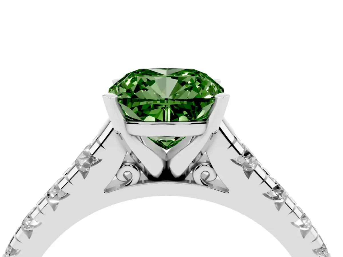 Fancy Green Cushion Cut Diamond Cathedral Solitaire Ring with Round Pavé Band Silver
