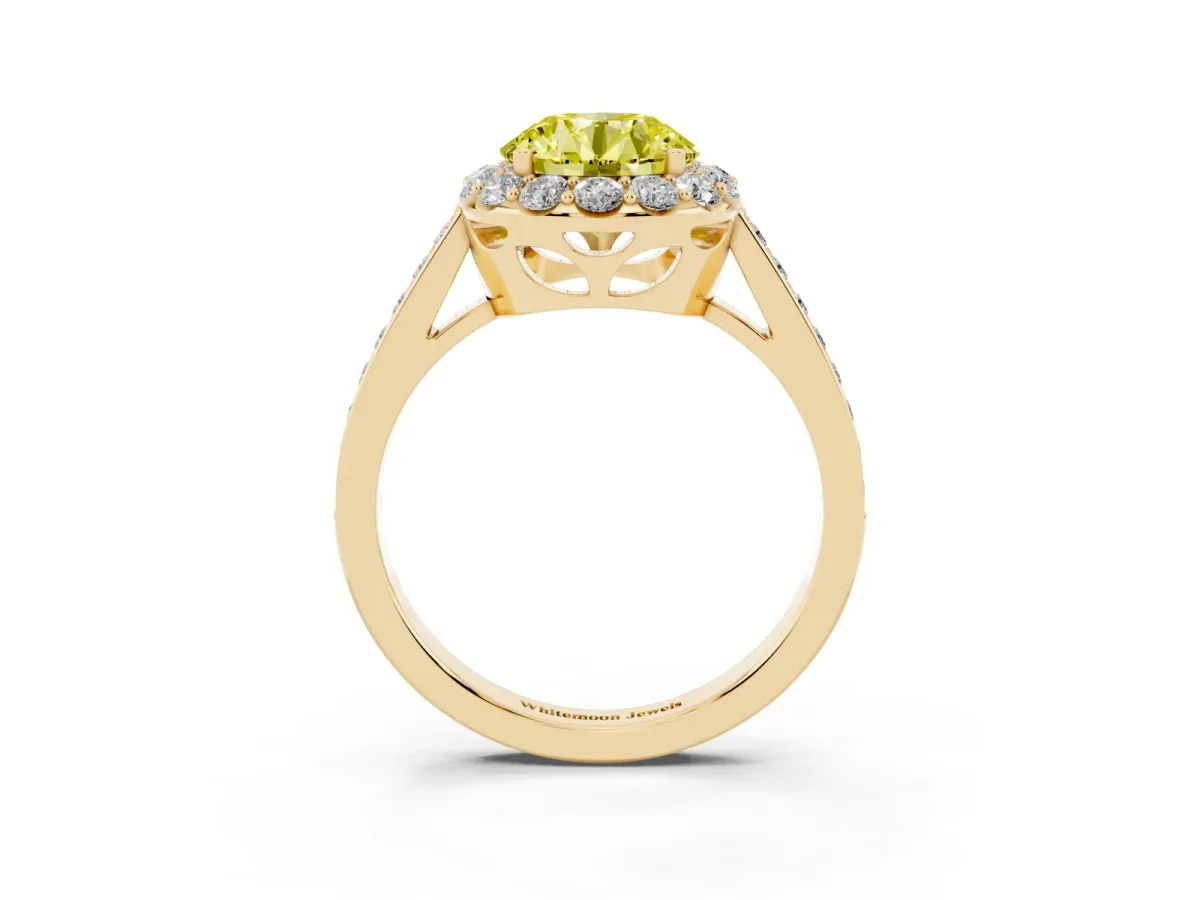 Fancy Yellow Round Cut Diamond Floral Halo Ring with Pavé Band and Prong Setting Yellow gold