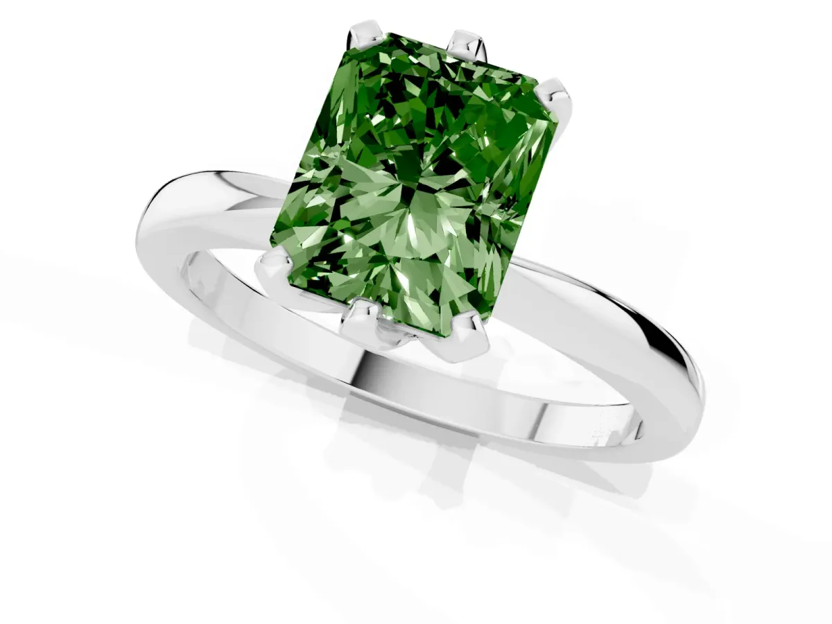 Fancy Green Radiant Cut Solitaire Engagement Ring with Six-Prong Setting and Tapered Band Silver