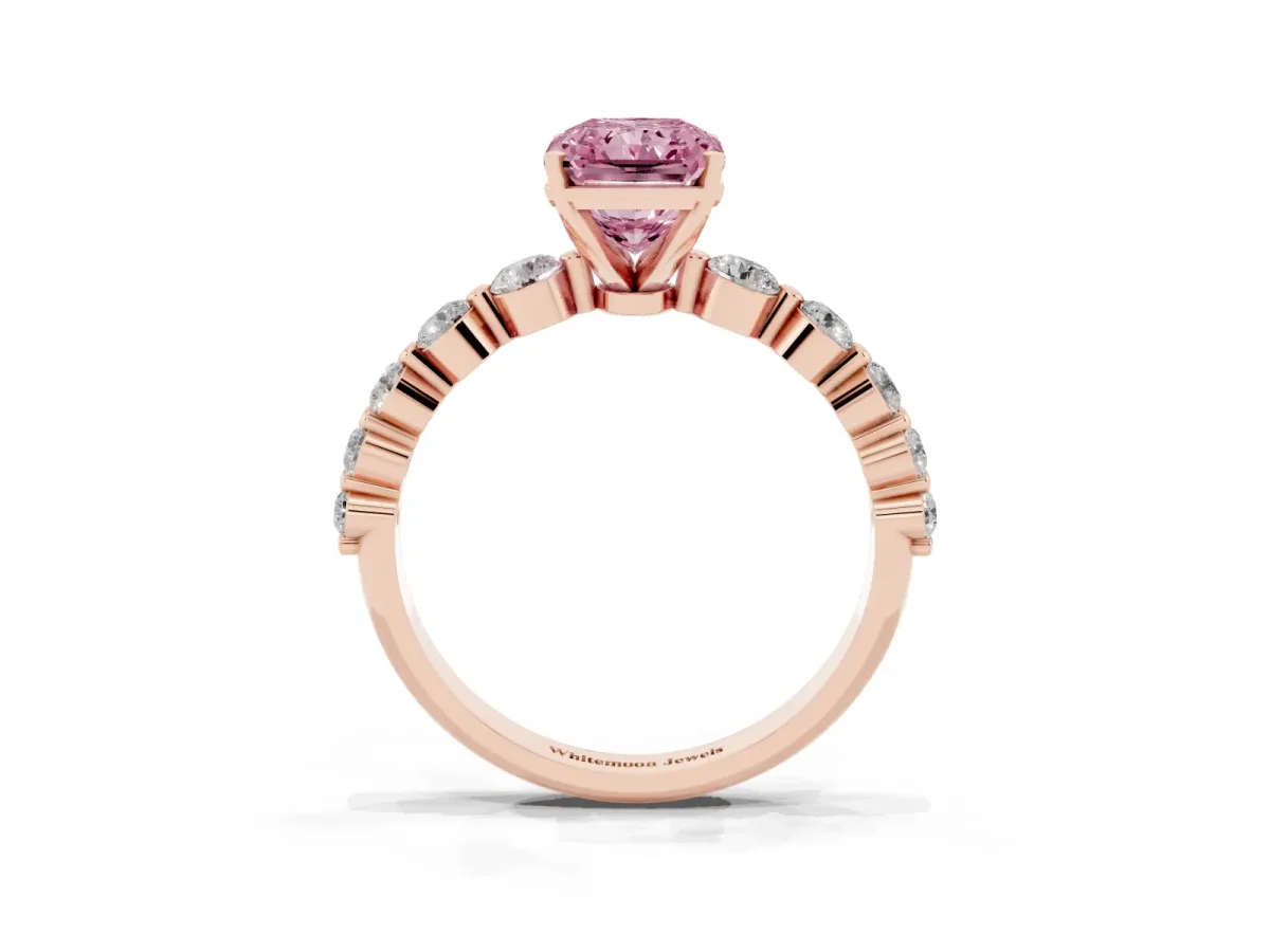 Fancy Pink Radiant Cut Solitaire Diamond Ring with Pave Band and Four-Prong Setting Rose gold