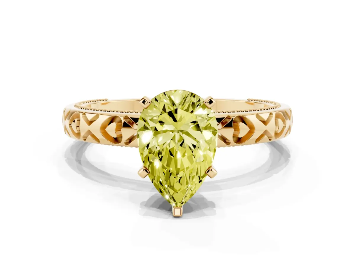 Fancy Yellow Pear Cut Solitaire Diamond Engagement Ring with XO Engraved Band and Four-Prong Setting Yellow gold
