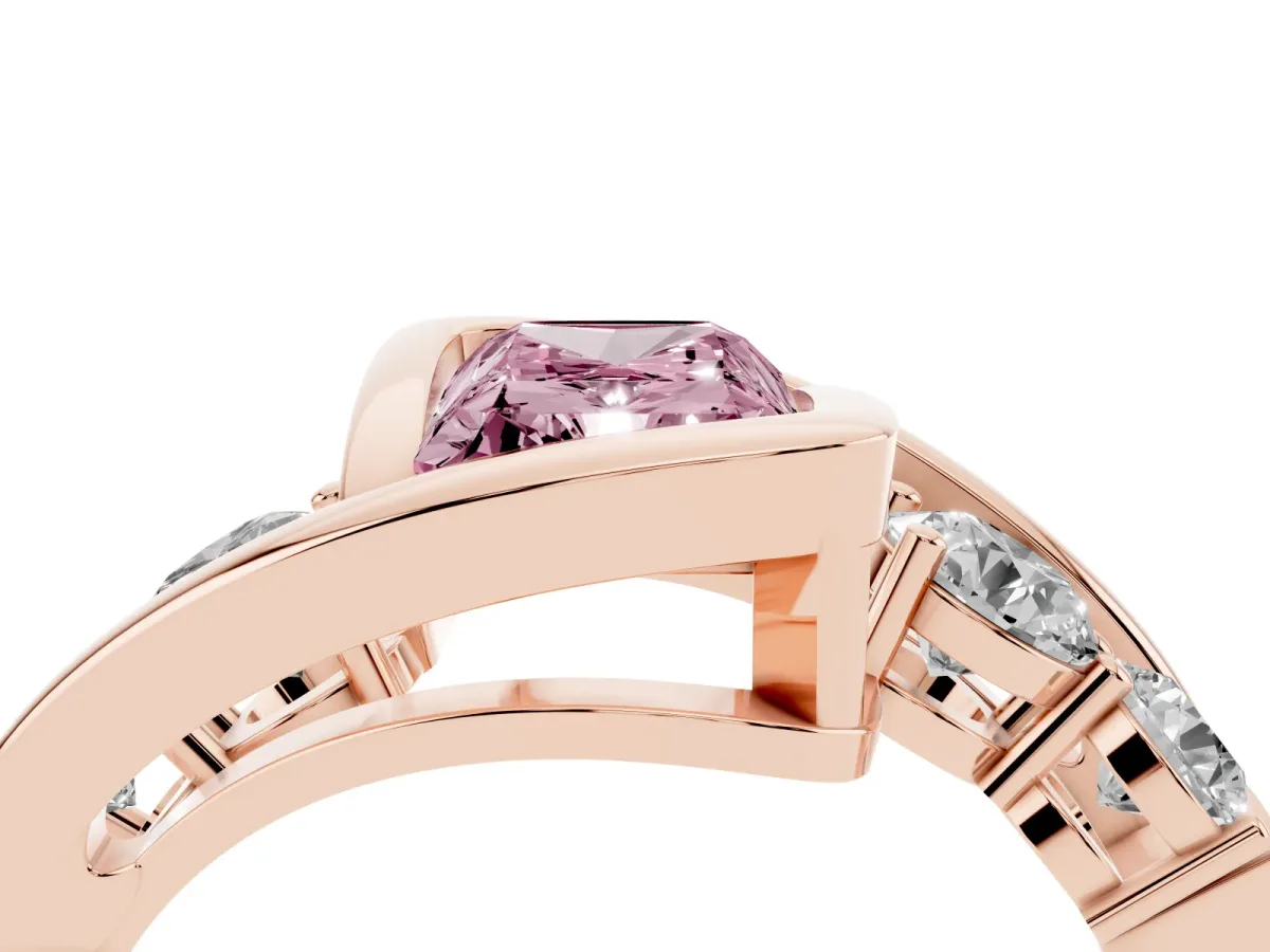 Fancy Pink Bezel Set Radiant Cut Diamond Bypass Ring with Round Accents Rose gold