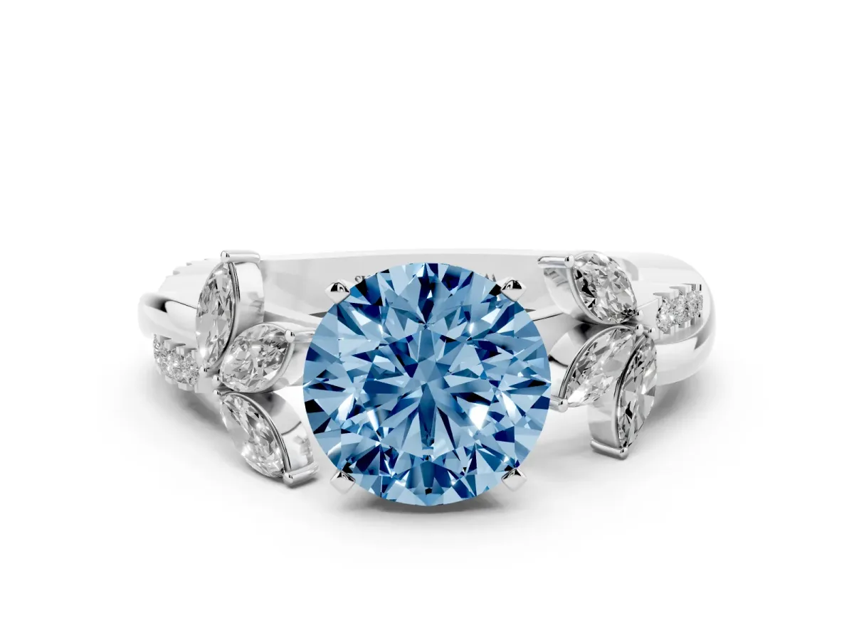Fancy Blue Round Cut Diamond Floral Vine Solitaire Engagement Ring Platinum
