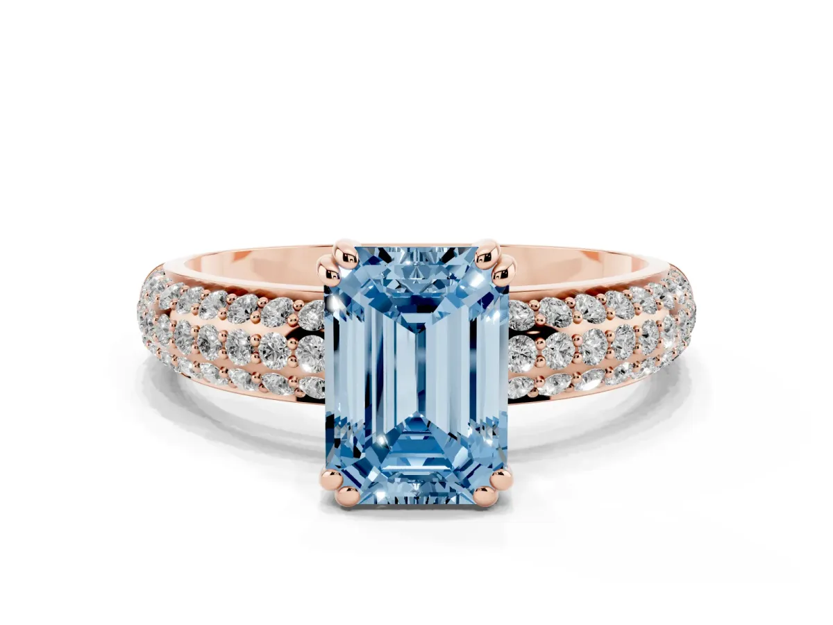 Fancy Blue Emerald Cut Diamond Solitaire Ring with Multi-Row Round Pavé Band and Prong Setting Rose gold