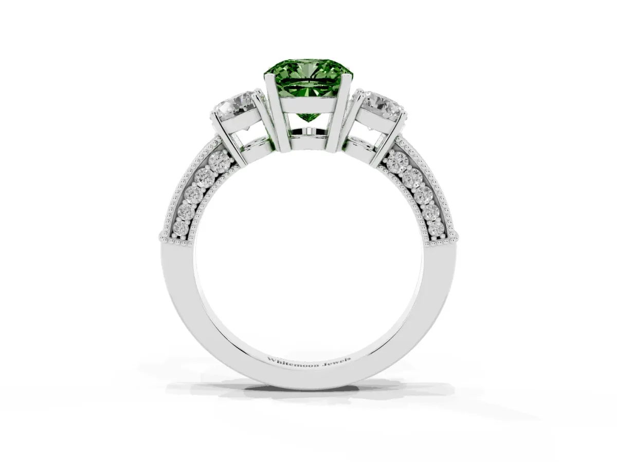 Fancy Green Cushion Cut Three-Stone Diamond Ring with Pavé Band and Four-Prong Setting Silver