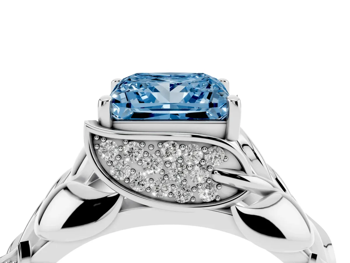 Fancy Blue Princess Cut Diamond Leaf-Inspired Engagement Ring with Round Accents and Prong Setting White gold