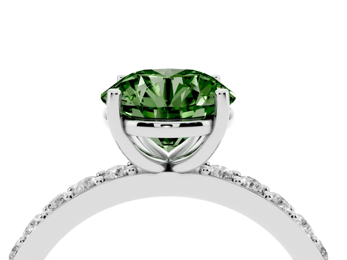 Fancy Green Round Cut Cut Diamond Solitaire with Pave Band and Four-Prong Setting Silver