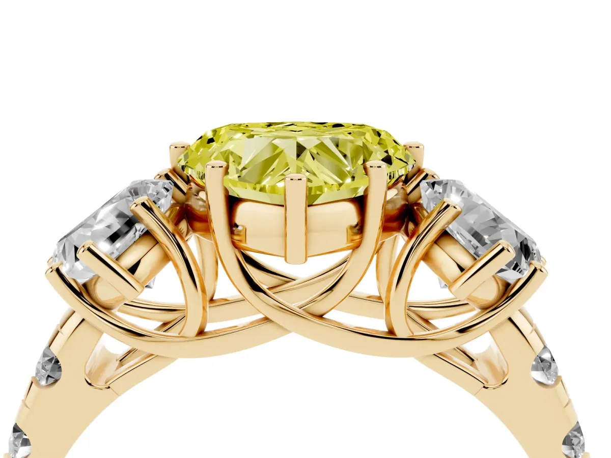 Fancy Yellow Three-Stone Heart Cut Diamond Pavé Band with Prong Setting Yellow gold