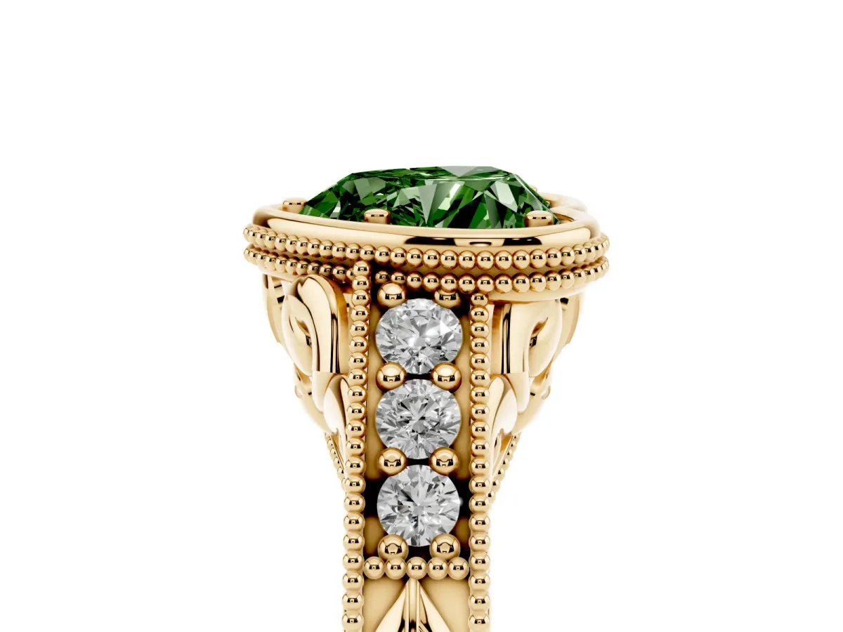Fancy Green Bezel Set Heart Cut Diamond Milgrain Pave Engagement Ring Yellow gold