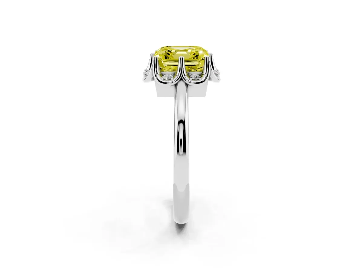 Fancy Yellow Asscher Cut Halo Diamond Ring with Round Cluster Setting, Solitaire Band, and Four-Prong Setting Silver